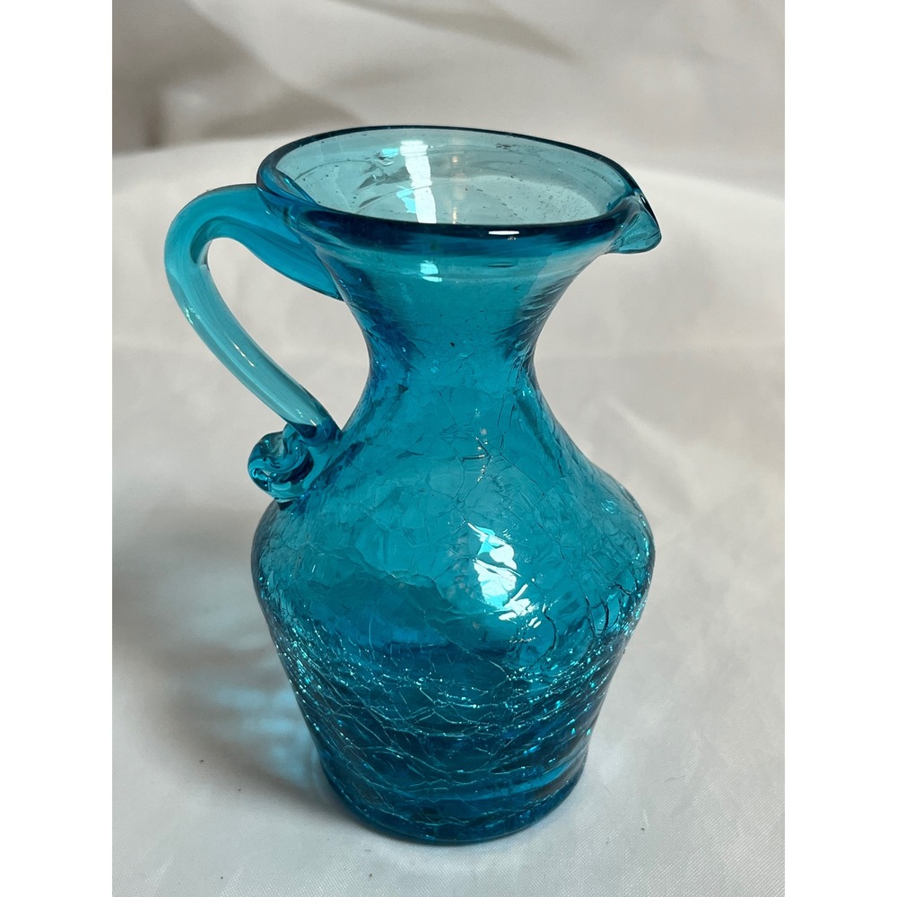 Vintage Turquoise Blue Crackle Glass Pitcher Mini Creamer Hand Blown Art Glass